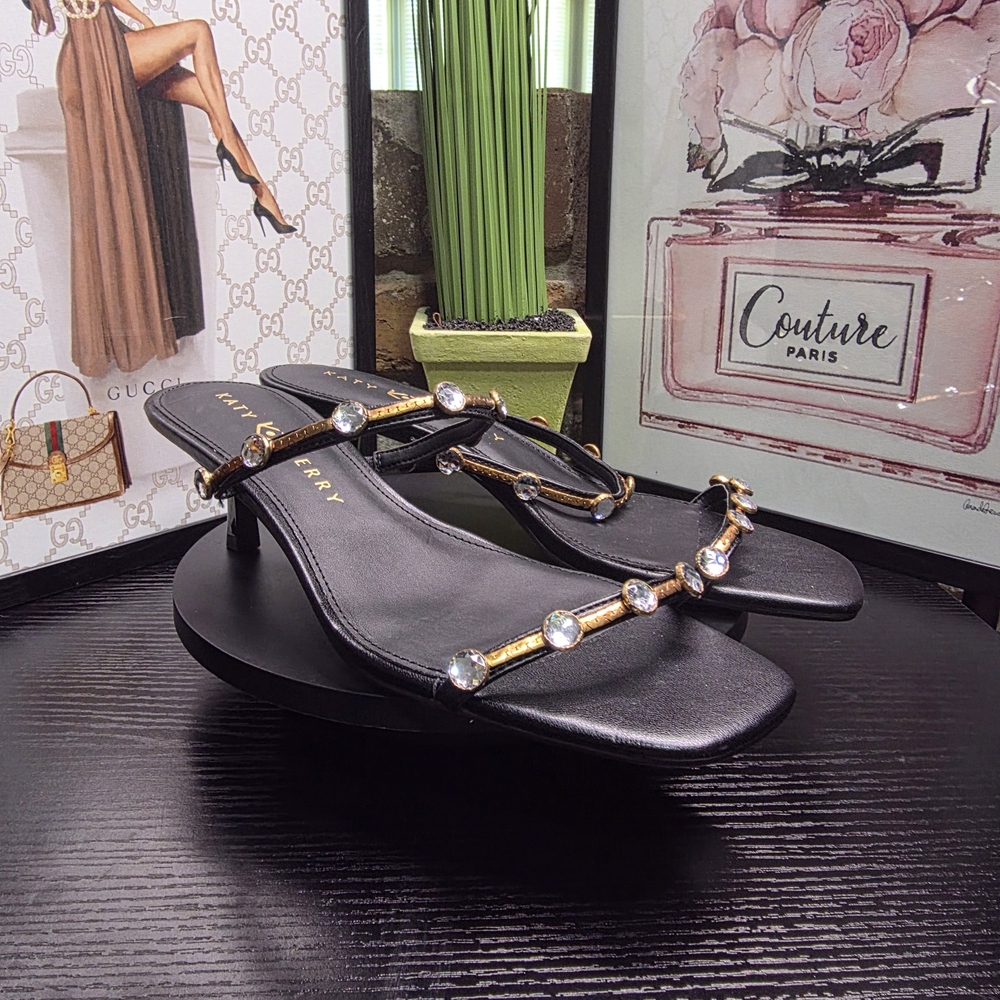 Katy Perry Collections Black Gold Jeweled Strap Kitten Heel Sandals - Picture 2 of 4